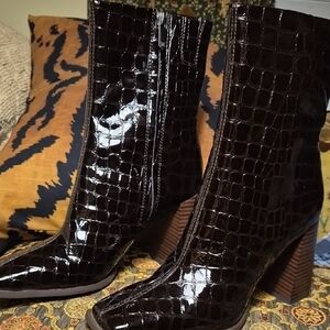 Sam Edelman Glossy Black Croc Heeled Boots